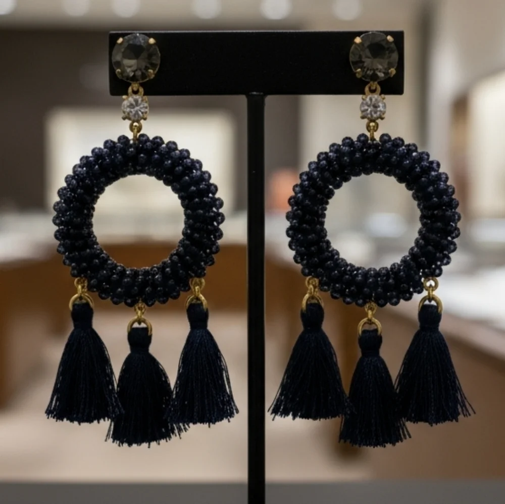 J. Crew Dark Navy Blue Almost Black Beaded Circle Tassel Earrings